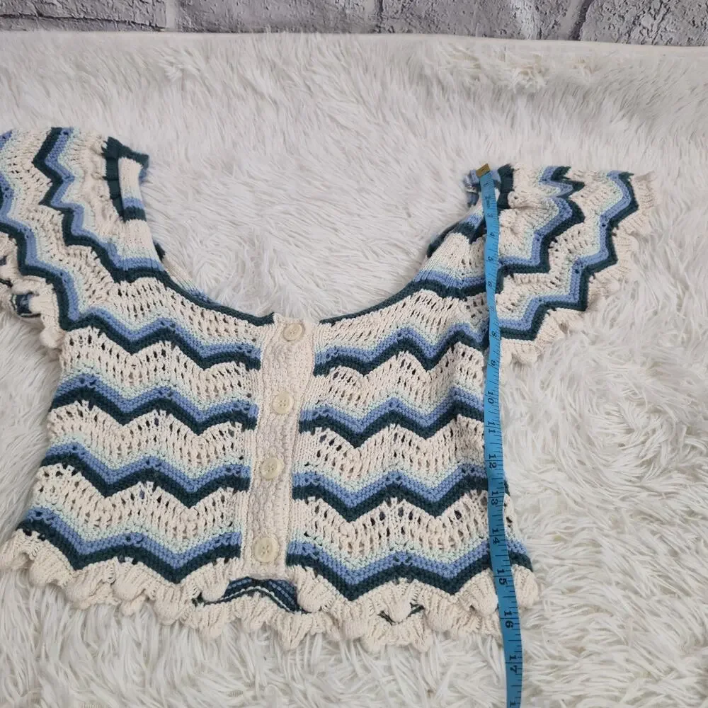Zara Boho Blue And Cream Striped Crochet Knit Button Up Crop Top